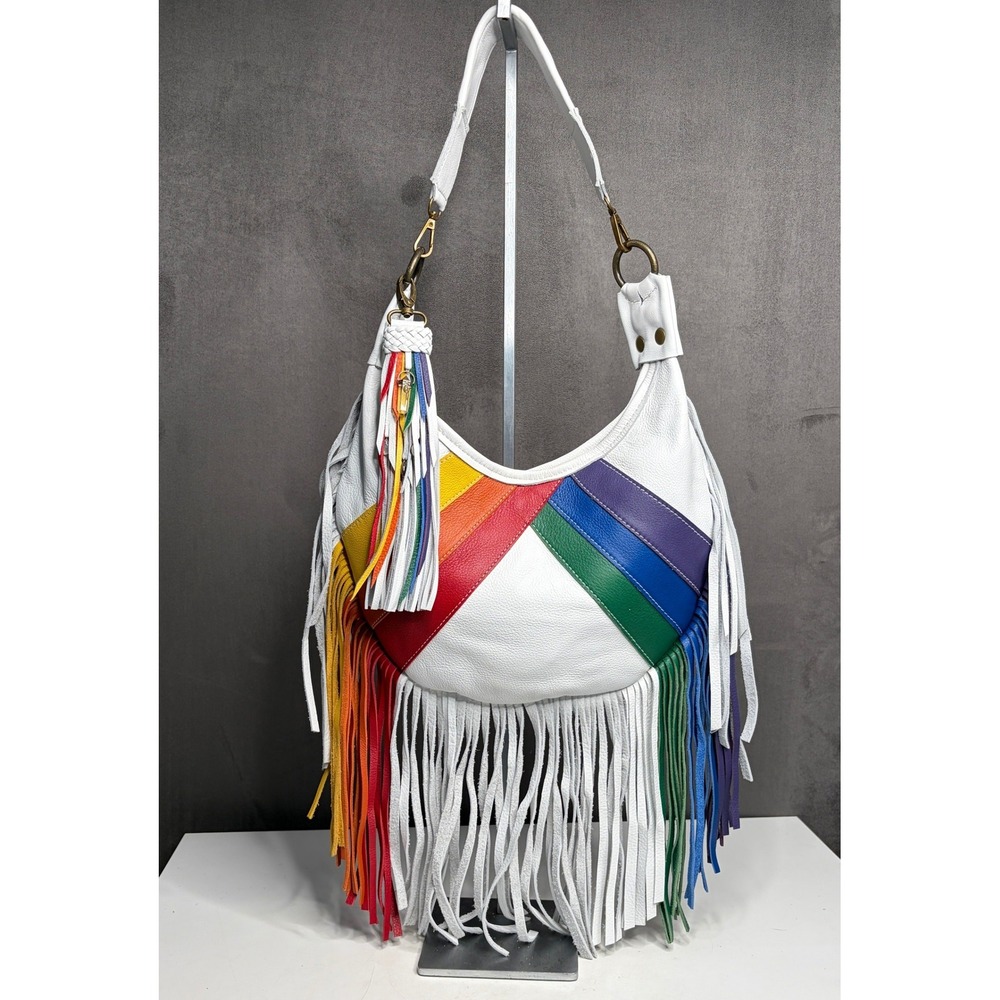 Hippie Momma Bags Hobo Shoulder Bag White Rainbow Leather Fringe Boho Western